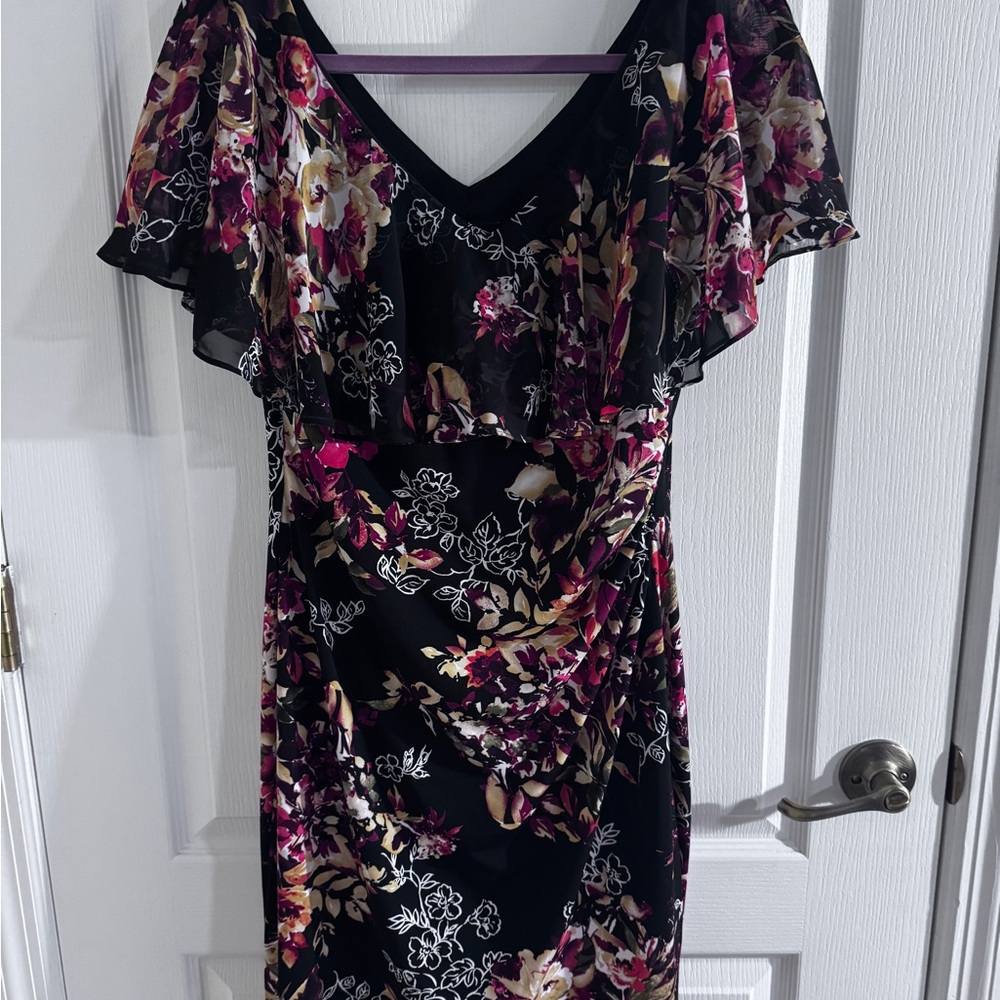 Connected Apparel Black and Pink Floral Midi Dress